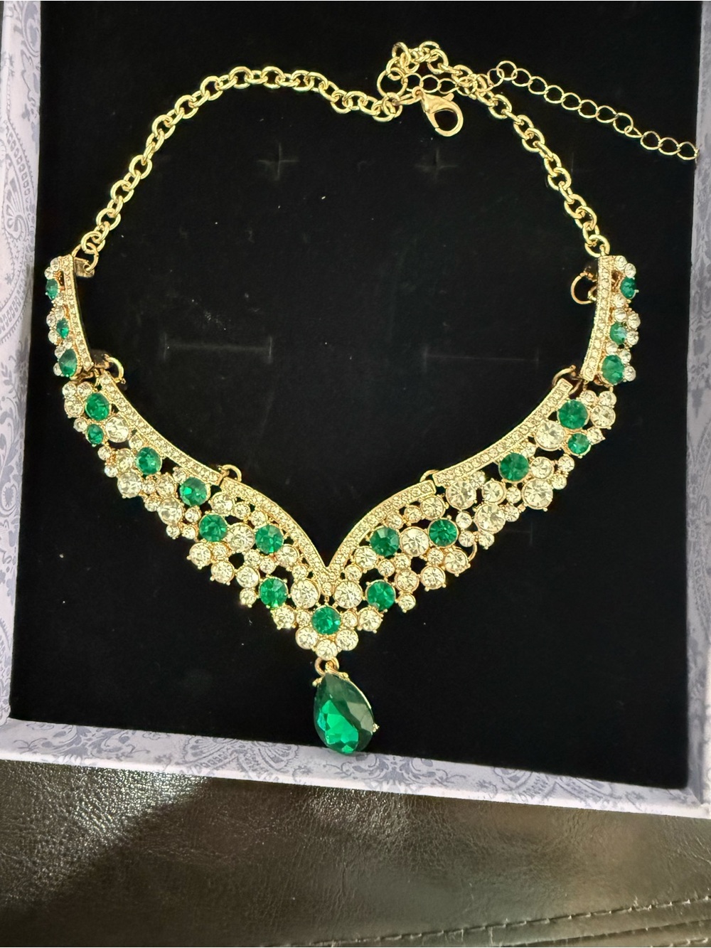 Gold-Tone Necklace with Emerald Green Crystals by